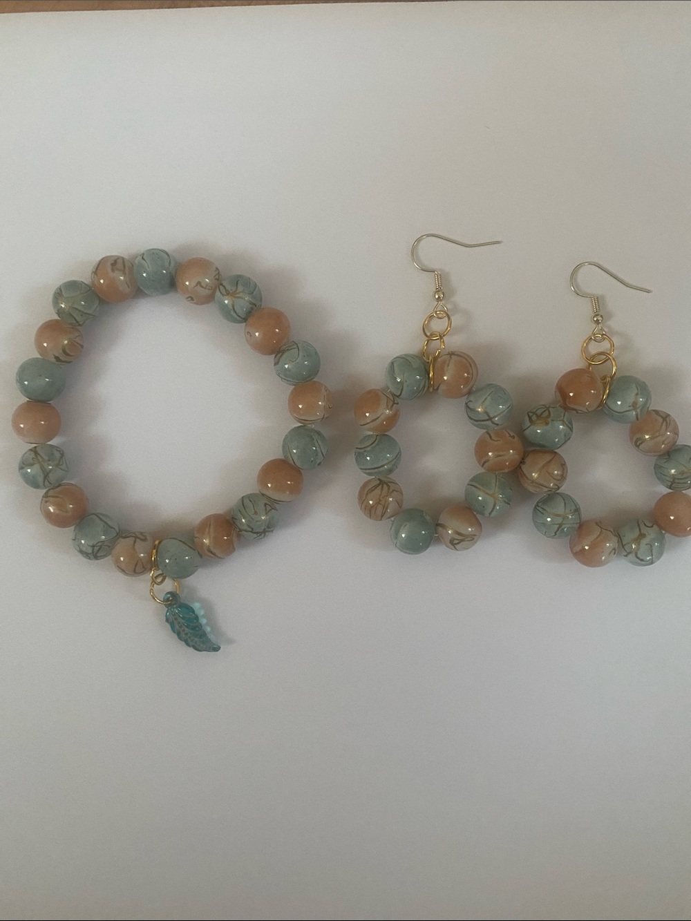 Hand Crafted Sage Green and Peach Beaded Bracelet with Hoop Earrings Set